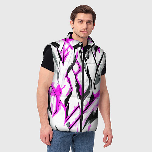 Мужской жилет Чёрно-розовые агрессивные полосы на белом фоне / 3D-Черный – фото 3