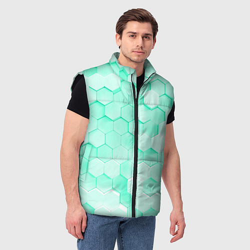 Мужской жилет Ярко бирюзовые соты / 3D-Черный – фото 3