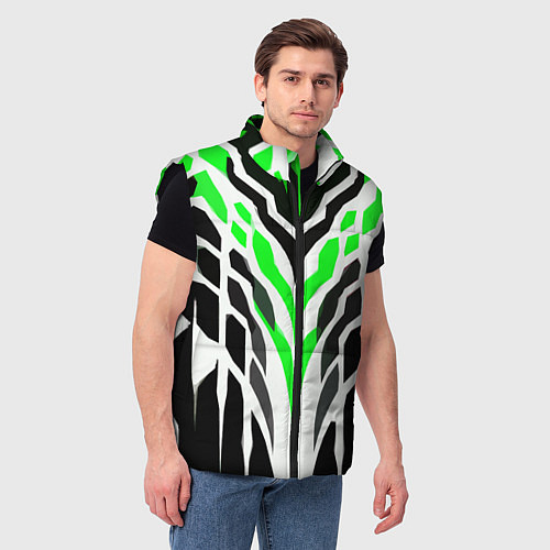 Мужской жилет Агрессивные зелёно-белые полосы на чёрном фоне / 3D-Черный – фото 3