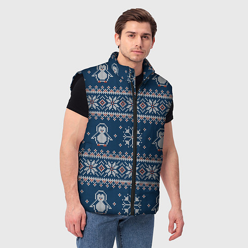 Мужской жилет Вязаный зимний узор с милыми пингвинами / 3D-Черный – фото 3