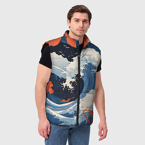 Мужской жилет Япония волны алые цветы / 3D-Черный – фото 3
