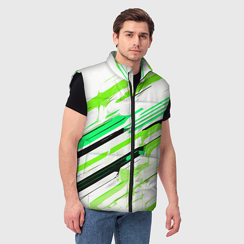 Мужской жилет Чёрно-зелёно-салатовые полосы на белом фоне / 3D-Черный – фото 3