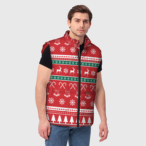 Мужской жилет Новогодний паттерн с оленями снежинками леденцами / 3D-Красный – фото 3