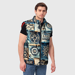 Мужской жилет Символы Апачи на пэчворк дениме, цвет: 3D-красный — фото 2