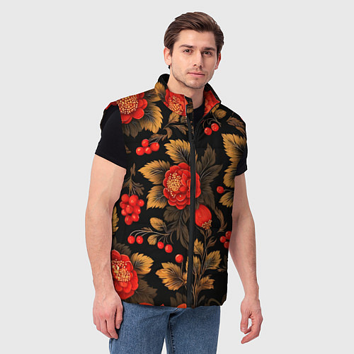 Мужской жилет Русская хохлома, цветы, паттерн / 3D-Черный – фото 3