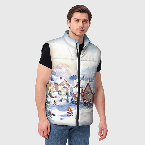 Мужской жилет Новогодний снежный город / 3D-Черный – фото 3