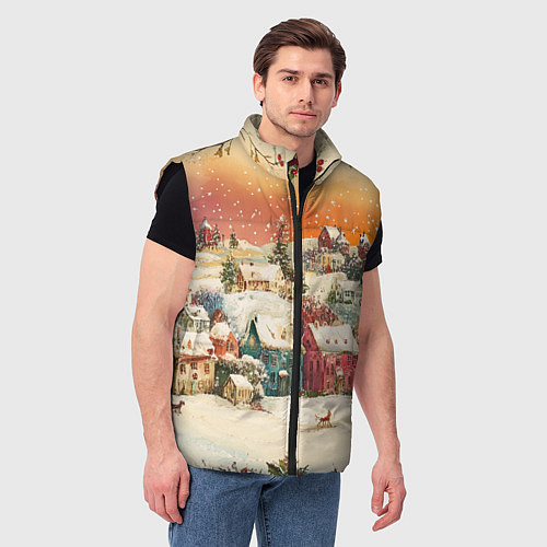 Мужской жилет Новогодний город из разноцветных домов / 3D-Черный – фото 3