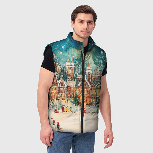 Мужской жилет Новогодний снежный город / 3D-Черный – фото 3