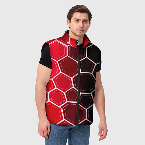 Мужской жилет Белые шестиугольники на чёрно-красном фоне / 3D-Черный – фото 3