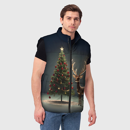 Мужской жилет Новогодний олень и елка / 3D-Черный – фото 3