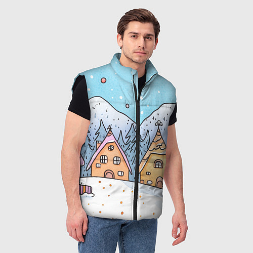 Мужской жилет Новогодние рисованные домики / 3D-Черный – фото 3