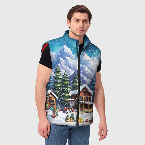 Мужской жилет Дома в зимнем новогоднем пейзаже / 3D-Красный – фото 3