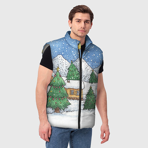 Мужской жилет Домики и елки - новый год / 3D-Светло-серый – фото 3