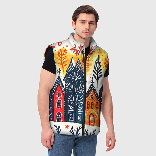 Мужской жилет Разноцветные новогодние дома / 3D-Черный – фото 3