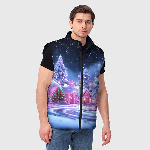 Мужской жилет Неоновые новогодние домики / 3D-Черный – фото 3