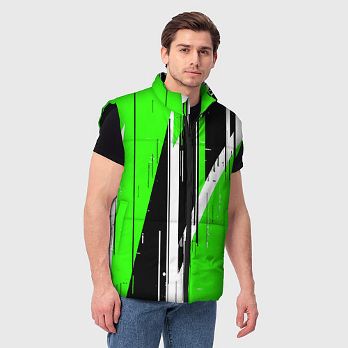 Мужской жилет Чёрно-белые вертикальные полосы на зелёном фоне / 3D-Черный – фото 3