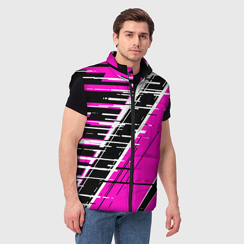 Мужской жилет Чёрно-белые глитч полосы на розовом фоне / 3D-Черный – фото 3