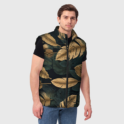 Мужской жилет Золотые листья монстеры и перья / 3D-Черный – фото 3