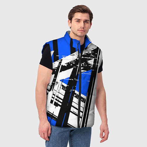 Мужской жилет Чёрно-белые абстрактные линии на синем фоне / 3D-Черный – фото 3