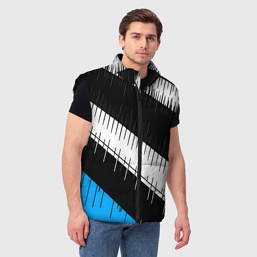 Мужской жилет Диагональные чёрно-белые полосы на синем фоне / 3D-Черный – фото 3