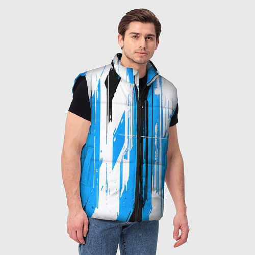 Мужской жилет Вертикальные чёрно-белые линии на синем фоне / 3D-Черный – фото 3