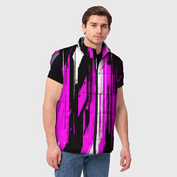Мужской жилет Вертикальные чёрно-белые линии на розовом фоне, цвет: 3D-светло-серый — фото 2