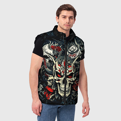Мужской жилет Маска Хання на черепе самурая на фоне духов / 3D-Черный – фото 3