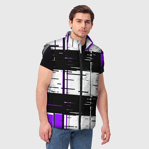 Мужской жилет Чёрные и фиолетовые полосы на белом фоне / 3D-Светло-серый – фото 3