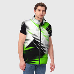 Мужской жилет Диагональные бело-зелёные линии на чёрном фоне, цвет: 3D-светло-серый — фото 2