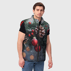 Мужской жилет Красные игрушки на елке и шишки, цвет: 3D-красный — фото 2