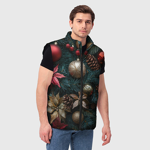 Мужской жилет Новогодние украшения на елочке / 3D-Черный – фото 3