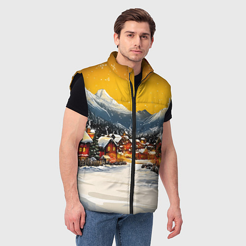 Мужской жилет Ламповый новый год - домики / 3D-Черный – фото 3