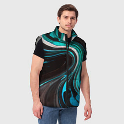 Мужской жилет Волнистые бело-голубые линии на чёрном фоне, цвет: 3D-светло-серый — фото 2