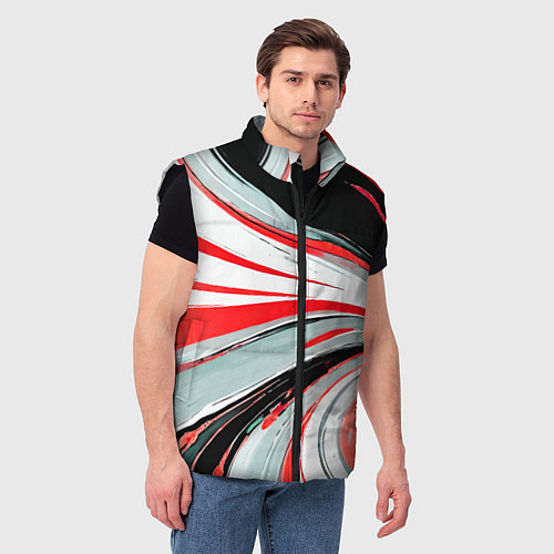 Мужской жилет Волнистые бело-красные линии на чёрном фоне / 3D-Черный – фото 3
