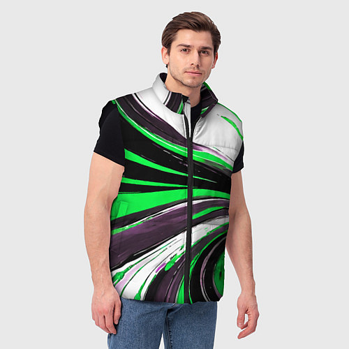 Мужской жилет Волнистые чёрно-зелёные линии на белом фоне / 3D-Черный – фото 3