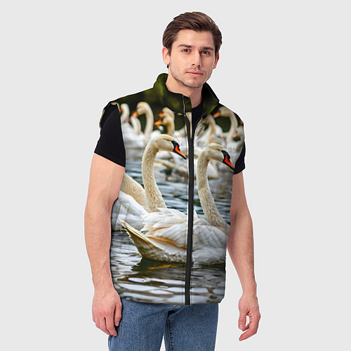 Мужской жилет Белые лебеди на пруду / 3D-Черный – фото 3