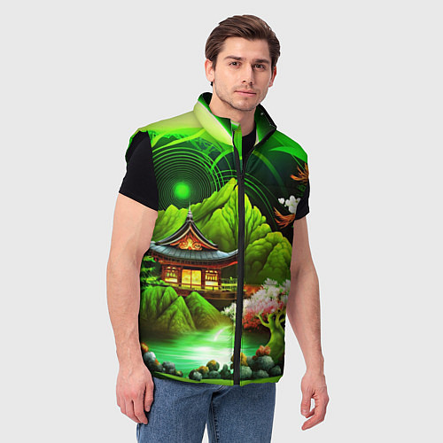 Мужской жилет Природа Японии в зеленых цветах / 3D-Черный – фото 3