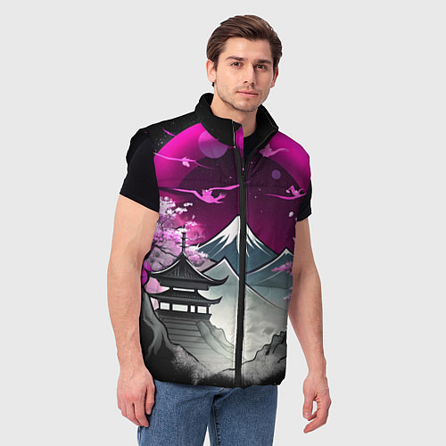 Мужской жилет Горы и сакура в Японии / 3D-Черный – фото 3
