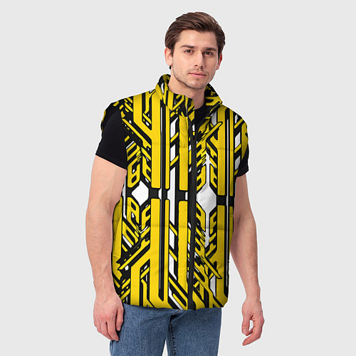 Мужской жилет Чёрно-жёлтые техно полосы на белом фоне / 3D-Черный – фото 3