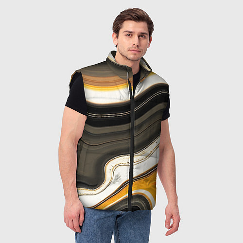 Мужской жилет Волнистые чёрно-жёлтые полосы на белом фоне / 3D-Черный – фото 3