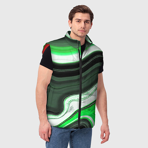 Мужской жилет Волнистые горизонтальные чёрно-зелёные полосы на б / 3D-Красный – фото 3