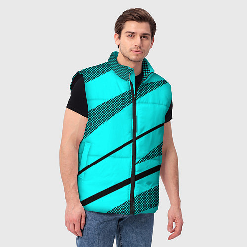 Мужской жилет Неоновый голубой с чёрным абстракция с полосой / 3D-Черный – фото 3