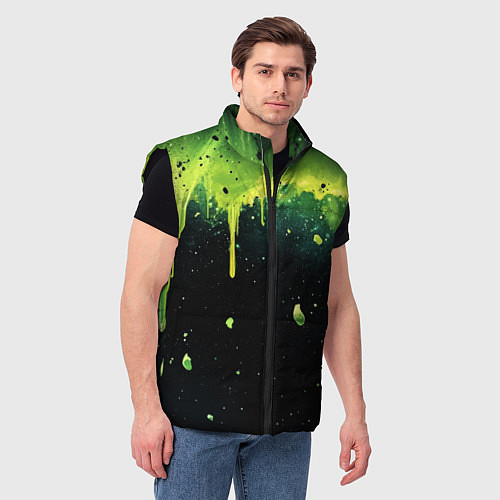 Мужской жилет Зеленая стекающая краска по черному фону / 3D-Черный – фото 3
