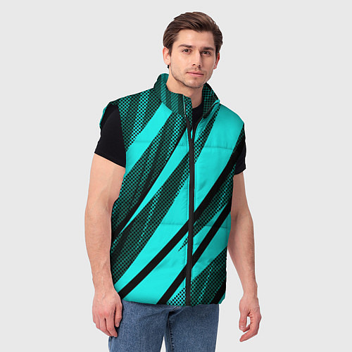 Мужской жилет Неоновый голубой с чёрным абстракция с полосами / 3D-Черный – фото 3