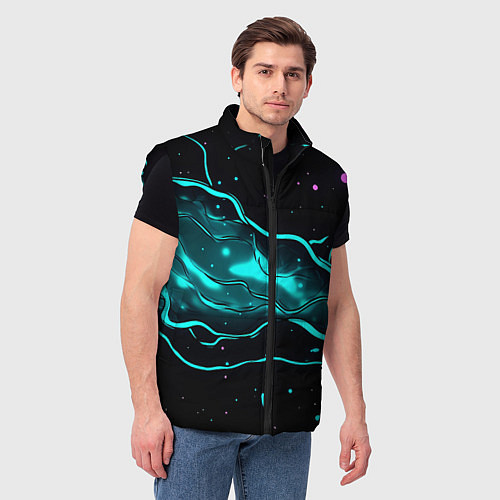 Мужской жилет Голубые неоновые волны текстура / 3D-Черный – фото 3