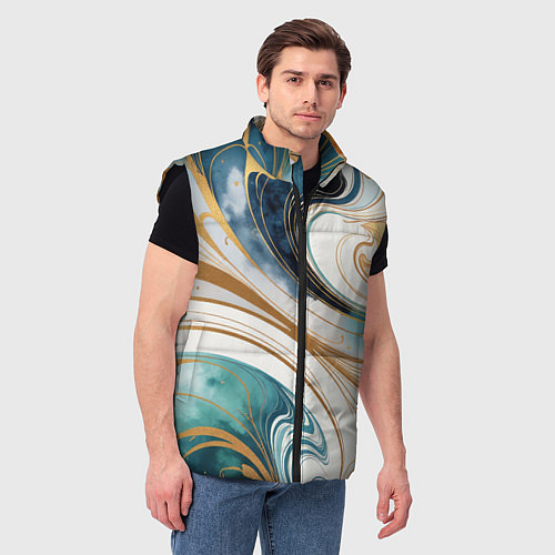 Мужской жилет Аквамарин и оранж узор с завитками / 3D-Черный – фото 3