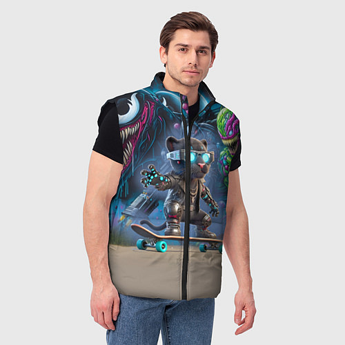 Мужской жилет Пантерёнок крутой скейтбордист на фоне граффити / 3D-Черный – фото 3