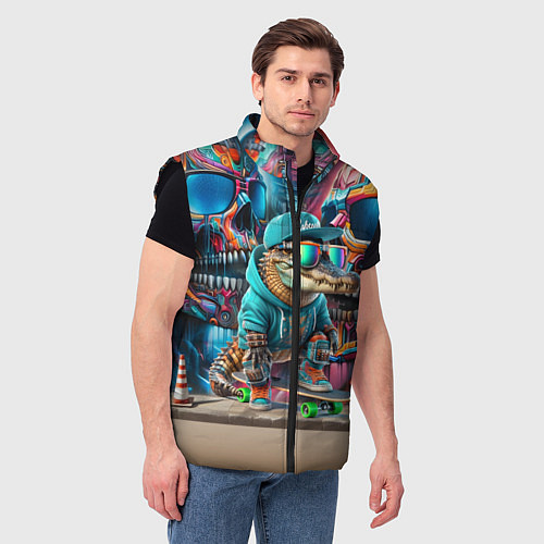 Мужской жилет Крокодилёныш крутой скейтбордист - киберпанк / 3D-Черный – фото 3