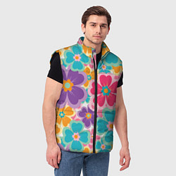 Мужской жилет Яркий цветочный калейдоскоп - узор в стиле ретро, цвет: 3D-черный — фото 2