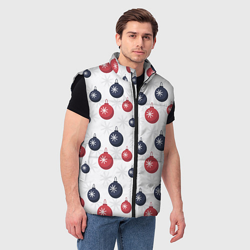 Мужской жилет Синие и красные новогодние шары со снежинками / 3D-Черный – фото 3